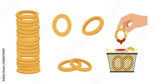 Onion Rings with Food, Dip, Snack, Fried, and Vector.