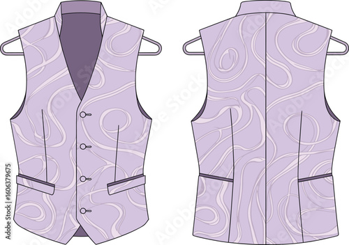 Men's printed formal waistcoat flat sketch front and back, button-down sleeveless vest, vector fashion CAD drawing template