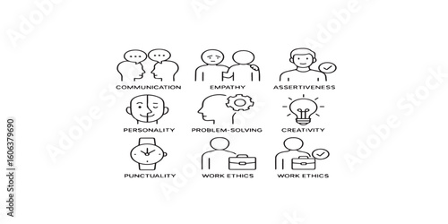 Print   Skills line editable icon set. Containing communication, empathy, assertiveness, personality, problem-solving, creativity, punctuality, work ethics, and more