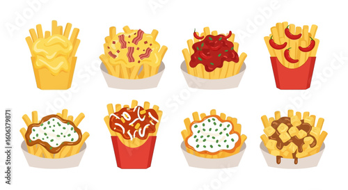 Loaded Fries Set Fast Food Vector Isolated.