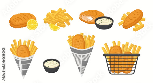 Fish and Chips Fast food vector set.