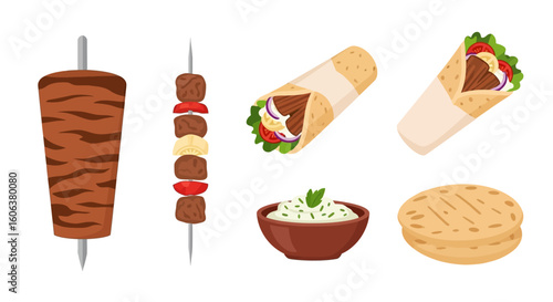 Doner Kebab with Shawarma food vector set.