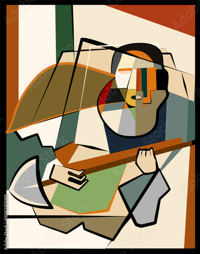 Colorful abstract background,Man holds peasant tool