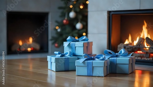 Elegant Christmas presents with blue ribbons near cozy fireplace create warm holiday memories