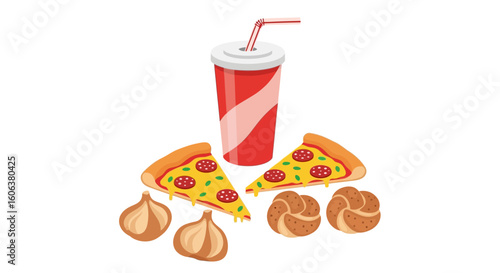 Fast food set Pizza with drink and garlic breads.