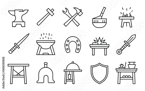 Blacksmith and Medieval Craft Vector Icon Set - Tools, Weapons, and Workshop Elements
