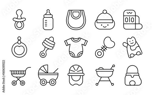 Comprehensive Baby Care and Newborn Essentials Icon Set - Pacifier, Bottle, Bib, Hat, Rattle, Onesie, Stroller, Crib, Food Jar - Vector