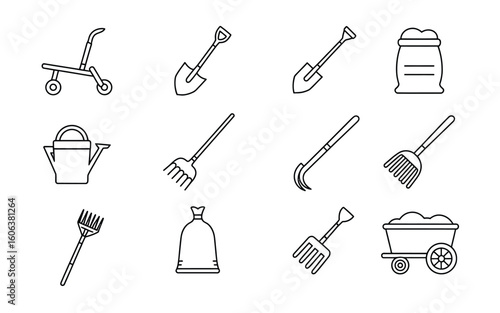 Gardening Tools and Agriculture Equipment Vector Set - Farming, Horticulture, and Outdoor Work Icons
