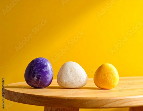 Three decorative stones on a wooden table with a yellow background.