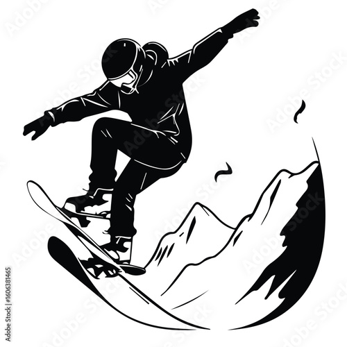 Young adult snowboarder performing a dynamic aerial trick amidst a mountainous backdrop.