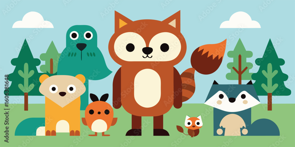 Naklejka premium Vector art of a charming group of cute cartoon forest animals standing together in a whimsical landscape.