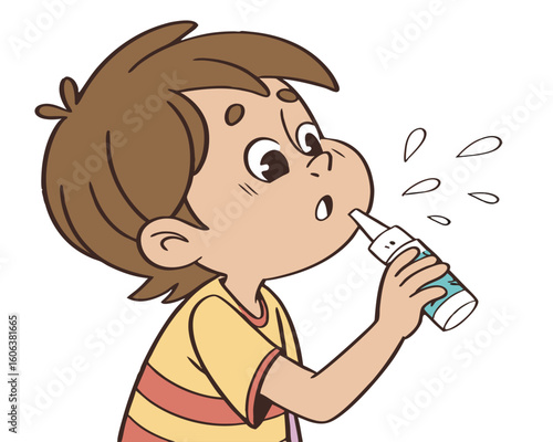 Boy using nasal spray, illustration, for healthcare, medical websites