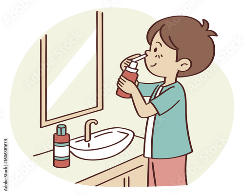 Boy using facial cleanser in bathroom, for hygiene tutorials