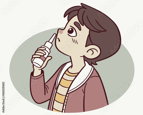 Child using nasal spray, illustration, for healthcare websites