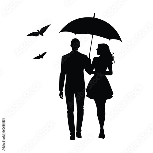 Couple walking under an umbrella in a romantic setting. Adult man and woman in formal wear strolling together in a park-like area.