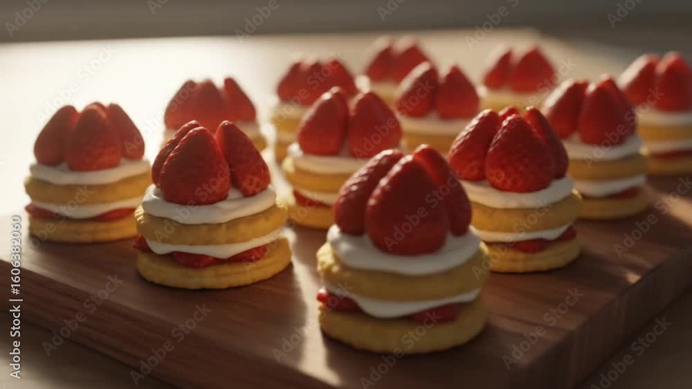 Fresh strawberry shortcake with layered biscuit stack, whipped cream and halved strawberries Fresh strawberry shortcake with layered biscuit stack, whipped cream and halved strawberries