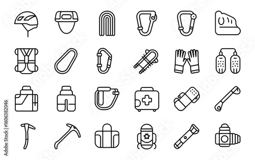 Rock Climbing and Mountaineering Equipment Icon Set - Helmet, Carabiner, Harness, Ice Axe, First Aid - Perfect for Adventure and Outdoor Sports Designs - Vector