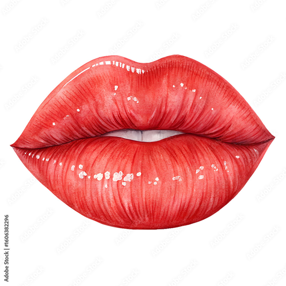 Watercolor Red Lips with Glossy Texture on Transparent Background Watercolor Red Lips with Glossy Texture on Transparent Background