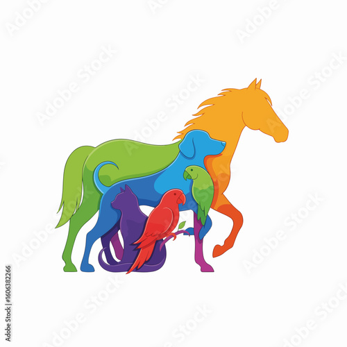 Colorful animal logo featuring domestic animals for veterinary clinic marketing. Suitable veterinary logo creation includes rainbow animal silhouettes: horse, dog, parrot, and cat.