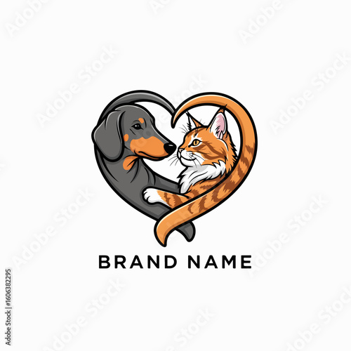 Veterinary logo displays a cat and dog forming a heart shape, perfect for veterinary clinic designs. Veterinary logo suitable for pet product branding, showcasing friendship and care.