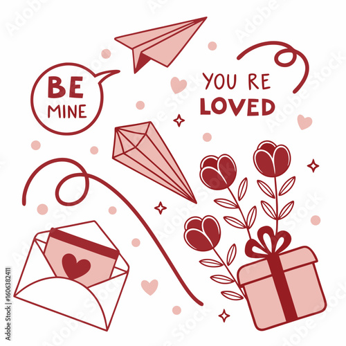 Romantic valentine's day illustration of love elements featuring paper airplane, heart, flowers, gift box, and declarations of love
