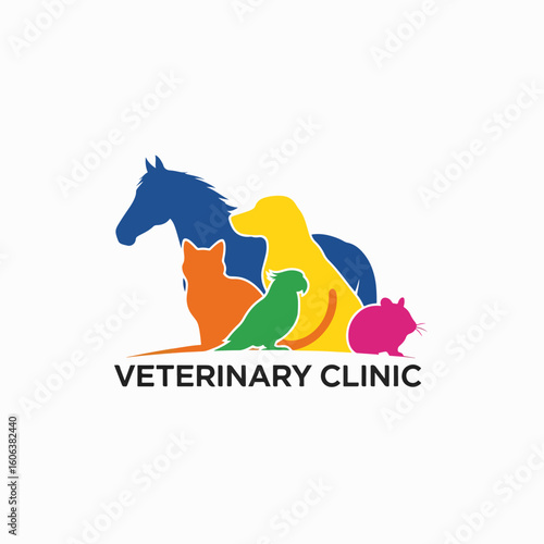 Veterinary clinic logo featuring diverse animals for branding purposes. Veterinary clinic logo is perfect for veterinary services, as it displays animals like horse, dog, cat, parrot, and hamster.