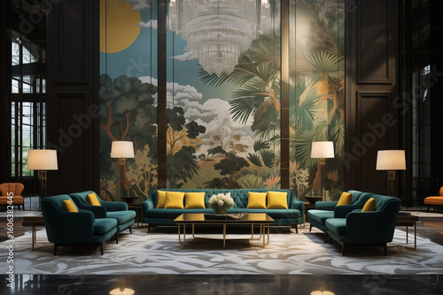 
Luxury hotel lobby with statement wallpaper