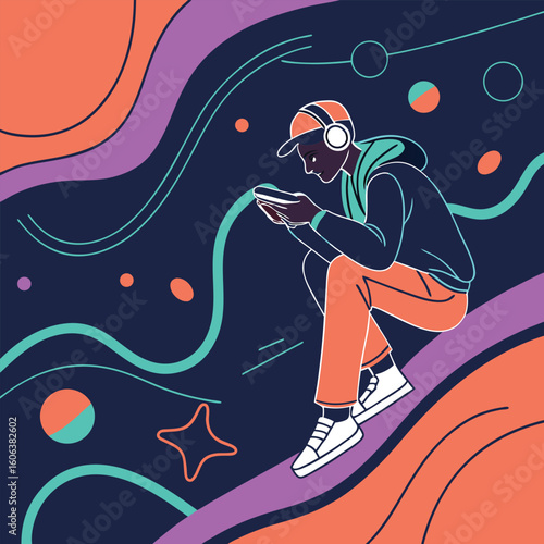 Vector illustration of a young gamer wearing headphones playing on a mobile phone with vibrant abstract wavy background