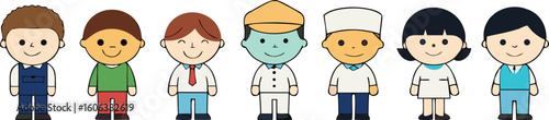 Vector art of a diverse group of cute cartoon children in various outfits and professions standing together isolated on transparent background.