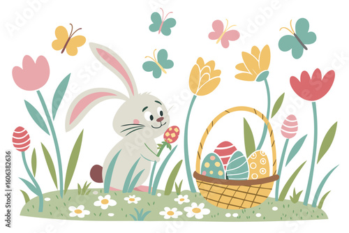 Whimsical easter scene featuring a happy bunny with decorated eggs a basket of colorful eggs flowers and floating butterflies on a white background