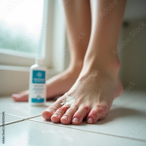 A close-up shot of a person’s feet with visible signs of athlete’s foot (redness, peeling skin, and slight swelling) on a white tiled bathroom floor. The scene is lit with soft natural light streaming
