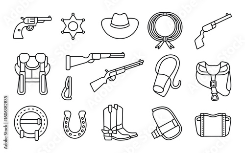 Wild West and Cowboy Essentials Vector Set - American Old West, Rodeo, and Ranch Life Icons