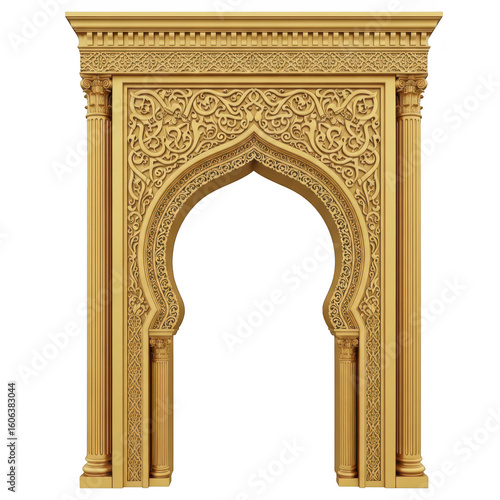 An intricately carved golden archway with islamic architectural details isolated on white isolated on transparent background