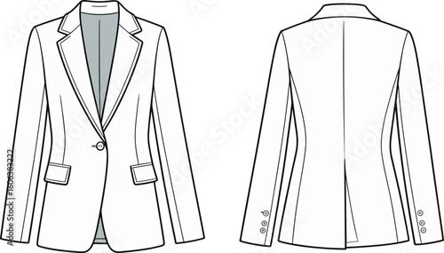 Women’s tailored blazer CAD drawing, front and back view, vector flat fashion sketch, technical jacket design template for apparel