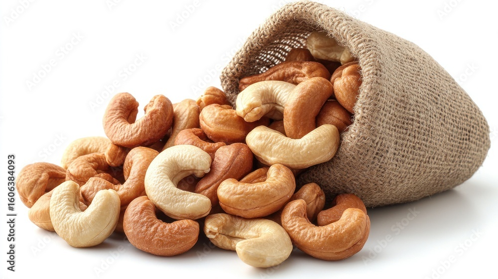 Fototapeta premium Cashews spilling from burlap bag
