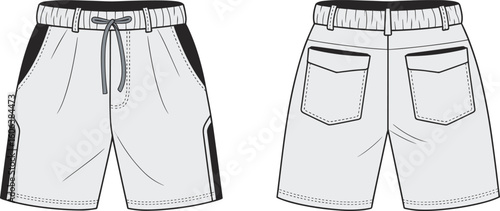 Men’s athletic shorts CAD drawing, front and back view, technical flat sketch, vector fashion design template, sportswear illustration