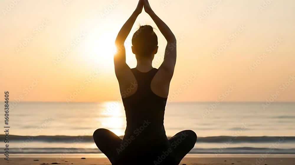 Woman performs yoga poses peacefully in front of ocean at sunrise