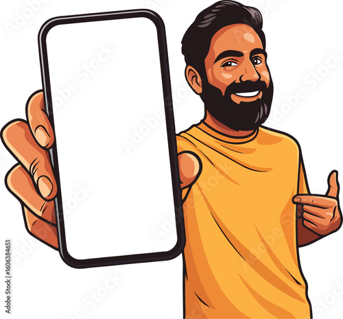 Smiling middle aged Indian man pointing at blank smartphone vector illustration