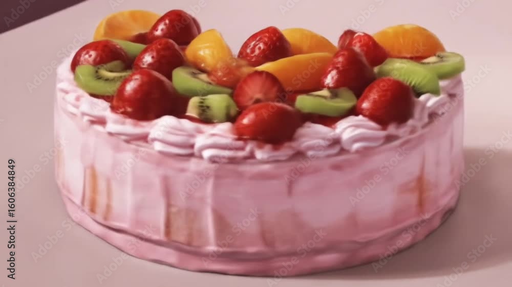 Fresh strawberry shortcake with whole strawberries and glaze atop pink mousse layer cake Fresh strawberry shortcake with whole strawberries and glaze atop pink mousse layer cake