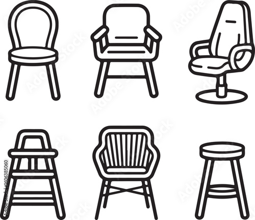 Interior Seating Outline Icon Pack – Dining Set Chair, Waiting Room Chair, Gaming Chair, Kid’s High Chair, Patio Chair, and Cafe Stool