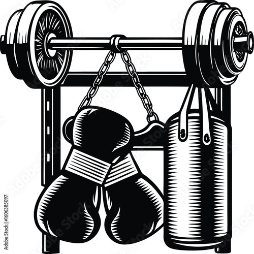 Monochrome Gym Equipment Depicting Weightlifting, Punching Bag, and Boxing Gloves for a Fitness Theme