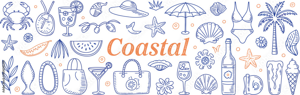 Fototapeta premium Coastal beach summer vacation doodles crab