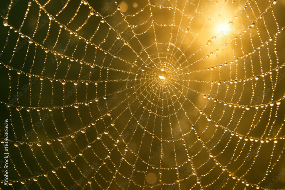 Obraz premium Dew-covered spider web with sunlight streaming through the droplets