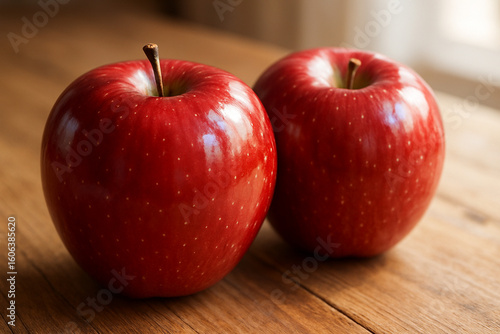 Shiny red apples on a wooden table with soft natural light