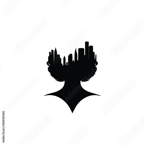Urban woman silhouette with city skyline hair; stylized portrait of a female figure with a city skyline incorporated into her voluminous hairstyle in a minimalist design.