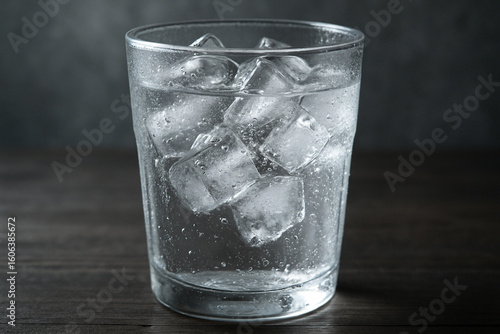 Glass of water with ice cubes and condensation, hyper-realistic detail