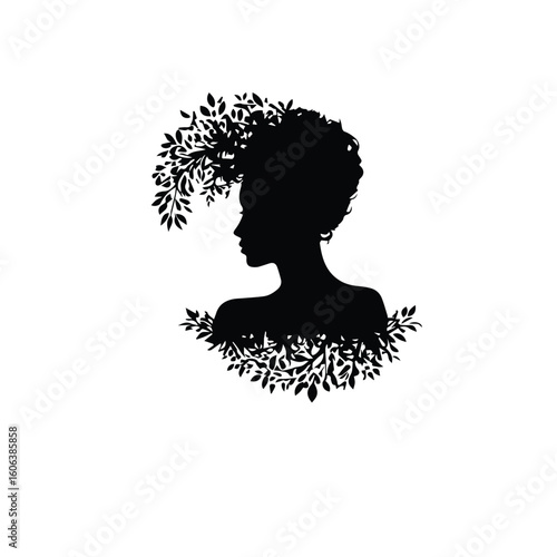Female silhouette portrait with floral adornment in profile view. Elegant woman in profile with leaf-design details, no location. Abstract female portrait for fashion/beauty.