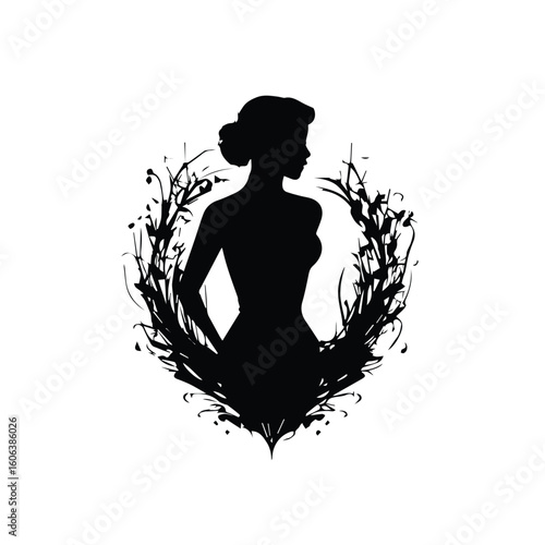 Female silhouette in elegant attire within floral wreath design. Side profile view of a woman with updo hairstyle.