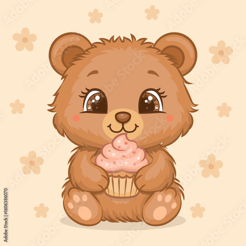 Cute Cartoon Brown Bear with Cupcake. Kawaii Vector Illustration of Animal on a yellow background with flowers.
