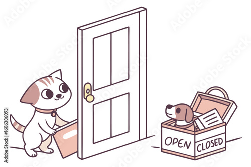Adorable cat delivering a package and a beagle dog waiting in a box with an open closed sign next to a doorway